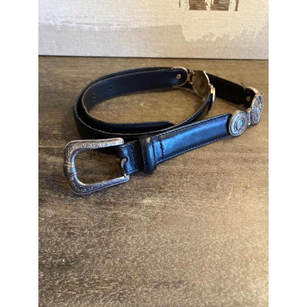 Fossil Black Leather Western Concho Link Belt Silver Tone Etched Buckle Large